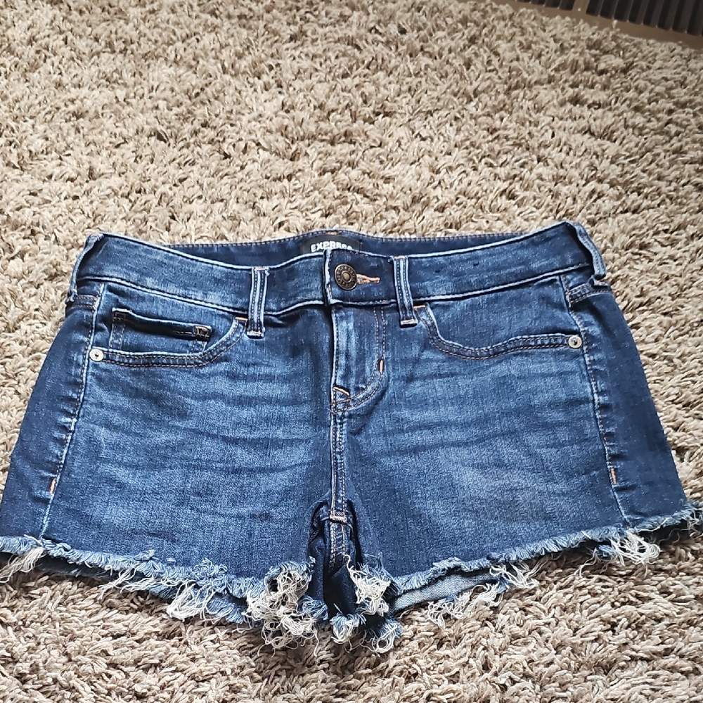 Express Dark Blue Jean Shorts with Frayed Hem